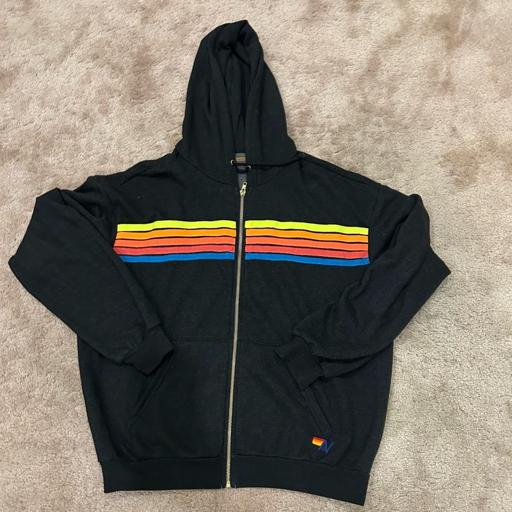 Aviator Nation Charcoal Grey Neon 5 Strioe Relaxed Zip up Hoodie Jacket large - Picture 2 of 7